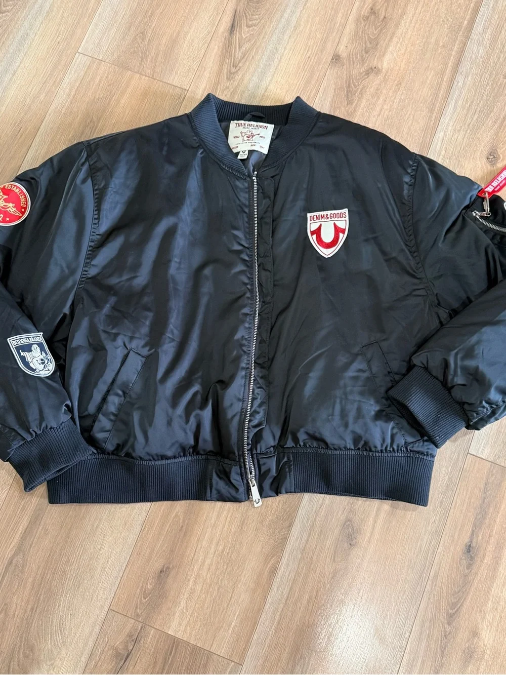 True Religion World Tour Bomber Jacket 3XL Multi-Patch Black